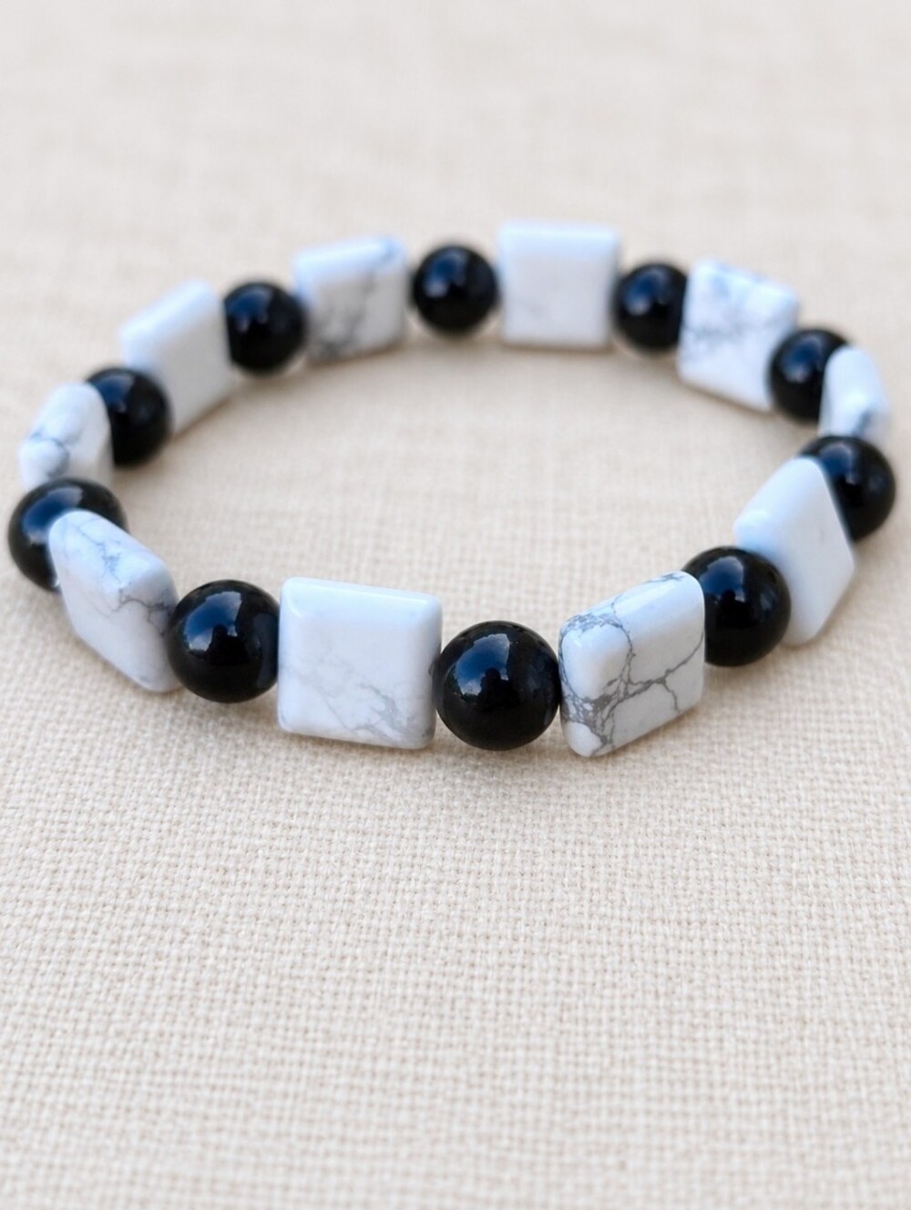Black Onyx & White Howlite Beaded Stretch Bracelet | Handmade